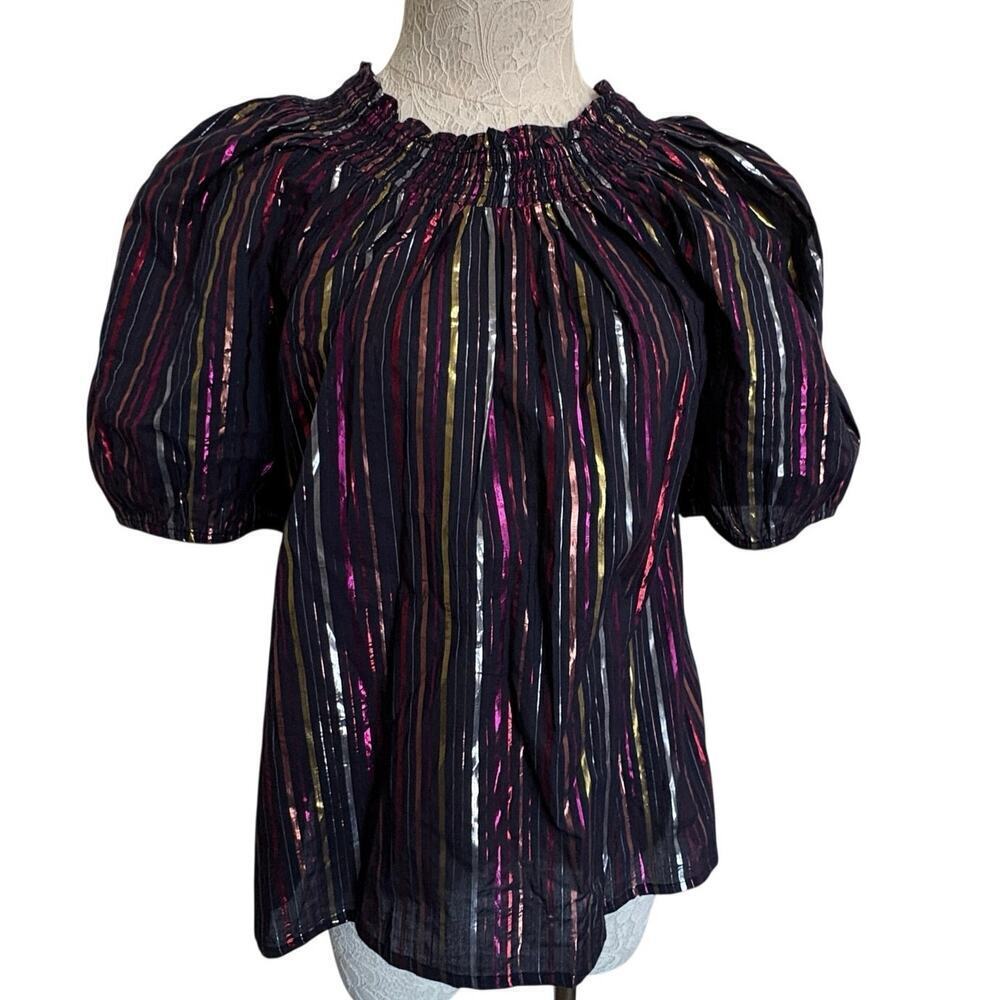 ROLLER RABBIT Navy Sz L Rainbow Lurex Ainsley Multicolor Top puff sleeves